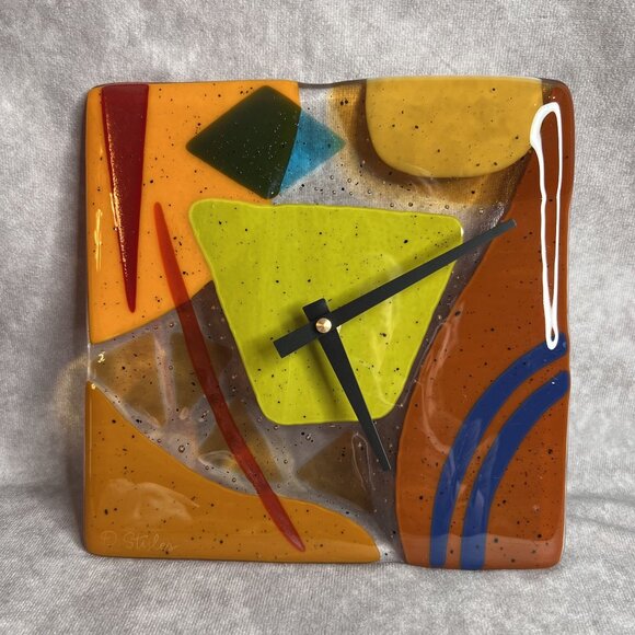 Colorful Geometric Fused Glass Wall Clock By Danielle Styles Battery Operated - Picture 1 of 12